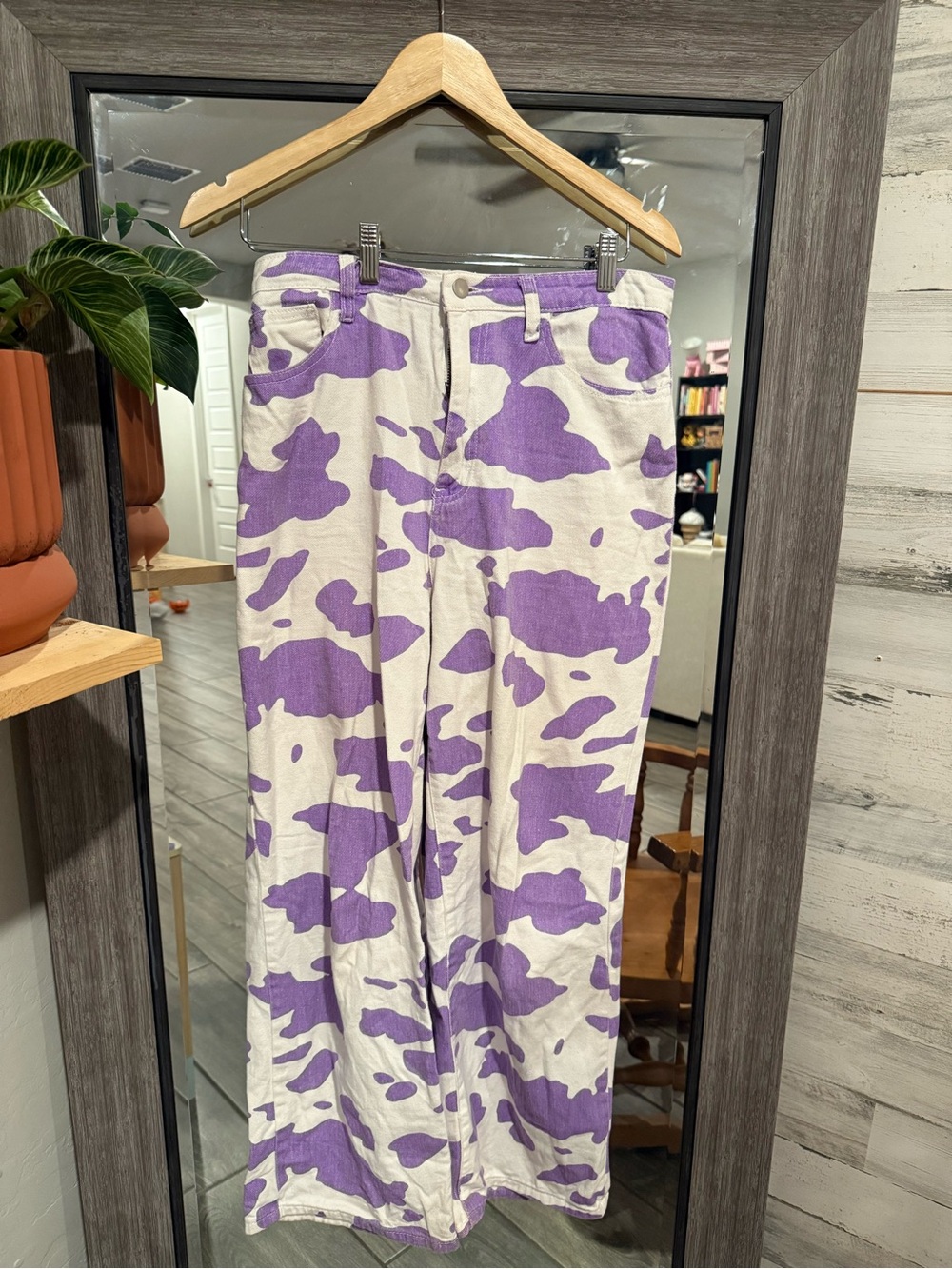 Wide-Leg Cowprint Jeans in Purple and Cream